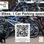 A pile of bikes with a black cat in the foreground. QR code links to www.recyculture.co.uk Search for '20 bikes...'