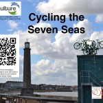 Four green bikes leap towards the sky, from a central point, on top of a lookout at the end of Margate's Harbour Arm. QR code links to virtual layer at www.recyculture.co.uk and search 'Cycling the Seven Seas"